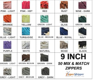 50 Zippers #3 Nylon Coil 9 Inch (23 cm) Your Choice Mix &Match Assortment |Closed End For Handbags Pouches Pillows | Orange Red Yellow +More