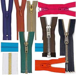 May include: A collection of various zippers in multiple colors including navy, rust, beige, hot pink, brown, dark blue, teal, white, and orange. The assortment features different metal and plastic teeth styles with matching or contrasting sliders.