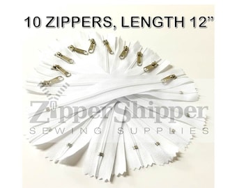 12" WHITE Zippers For Handbags (30.5 cm), Nylon Coil W/ Long Silver Pulls, #3 Lightweight, Closed End, Wholesale Lot of 10 Pieces
