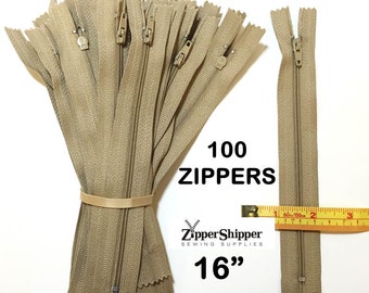 Zippers Bulk, Beige Zippers, Lightweight Zippers For Purses, Pillows, Dresses And More, Coil, 16 Inches, 100 Pieces