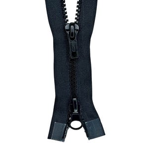 May include: A black zipper with a black slider and a black pull tab. The zipper is closed and the slider is in the middle of the zipper.