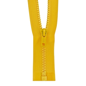 May include: A yellow zipper with a metal slider. The zipper is open and the slider is in the middle of the zipper.