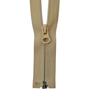 May include: A beige zipper with a plastic slider and a metal pull tab.