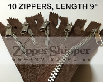 Brown Zippers, 9" (23 cm) Metal Handbag Zippers, #4 Nickel Medium Weight With Nonlock Pulls, Wholesale Set of 10 Pieces