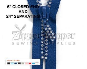 Fancy Zipper For Sewing, Rhinestone Zipper With Two Rows, Small Stones, 24" Separating or 6" Closed End, For Bags, Dresses +More