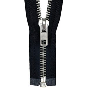 May include: Close-up of a black zipper with a silver metal pull and teeth. The zipper is open, revealing the teeth and the fabric tape. The zipper is a common component in clothing and accessories.