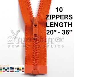 Separating Zippers, Molded Plastic Zippers, Bulk Wholesale Lot of 10 - #5 For Jackets - Many Colors - Lengths 20, 22, 24, 27, 30, 36 Inches