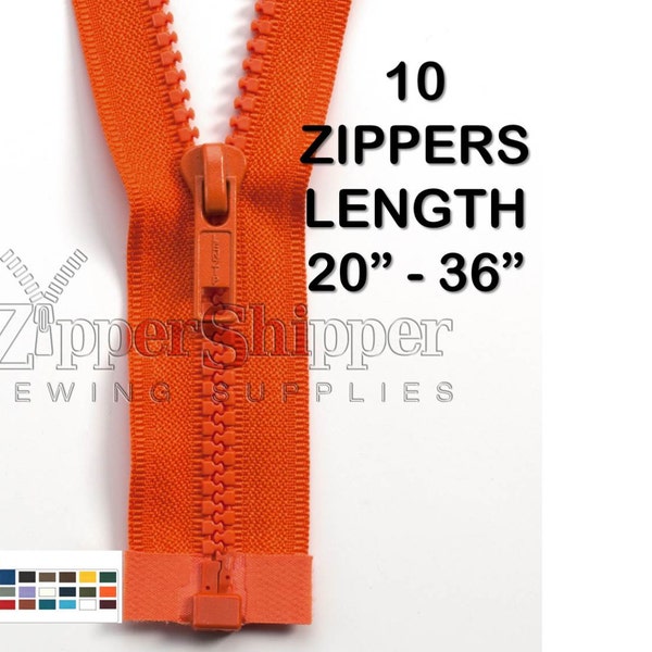 Separating Zippers, Molded Plastic Zippers, Bulk Wholesale Lot of 10 - #5 For Jackets - Many Colors - Lengths 20, 22, 24, 27, 30, 36 Inches