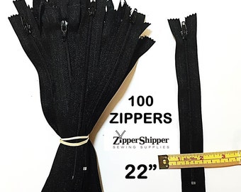 Zippers Bulk, Black Zippers, 22 Inch Nylon Coil Closed End (51 cm), #3 Lightweight For Handbags +More, Discounted, 100 Pieces