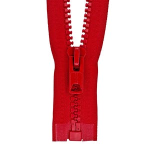 May include: A red zipper with a metal slider. The zipper is open and the slider is in the middle of the zipper.