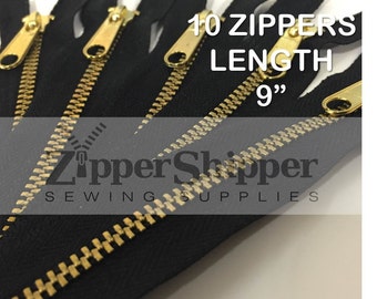 Metal Zippers, Bulk Zippers In Black, #4 Brass Metal Zippers With Closed Ends And Nonlock Zipper Pulls, 9 Inch Zippers (23 cm), 10 Pieces