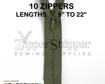 Invisible Zippers, Your Choice Of 9 Inch Zippers, 14 Inch Zippers Or 22 Inch Zippers,#2 Closed End,Many Colors Incl Black & White, 10 Pieces