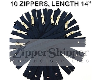 Bulk 14" Zippers For Handbags (35.5 cm), Nylon Coil W/ Long Silver Pulls, #3 Lightweight, NAVY BLUE, Closed End, 10 Pieces