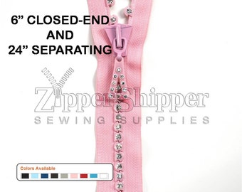 Rhinestone Zipper, Decorative Zipper With Bling, Large Stone Single Row, Closed-Ended Or Separating, 6 Inch Or 24", Black White Pink Blue