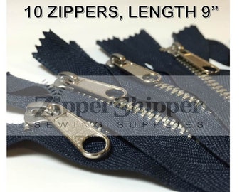 Navy Zippers, 9" (23 cm) Metal Handbag Zippers, #4 Nickel Medium Weight With Nonlock Pulls, Closed-End, Wholesale Set of 10 Pieces