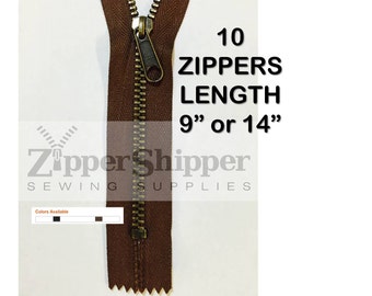 10 Zippers For Purses, 9" Metal Zippers or 14" Zippers, Black or Brown, #4 Antique Brass Teeth, Nonlock Pull,  Closed-End, Bulk Discount