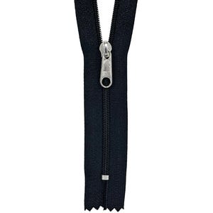 May include: A close-up of a navy blue zipper with a silver-colored pull tab. The zipper is fully closed, showing the teeth neatly aligned. The background is plain white.