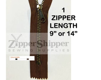 Metal Zipper For Handbags, Black Zipper Or Brown Zipper, #4 Antique Brass Teeth, Nonlock Pull, 9" Zipper or 14" Zipper, Closed-End, 1 Piece