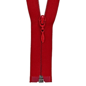 May include: A red zipper with a silver slider and a red pull tab.