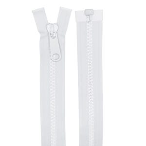 May include: A white plastic zipper featuring a long pull tab and a matching white tape. The zipper teeth are visible along the center of the tape, with a rectangular stop at the top end of the right side, providing a clean and functional design.