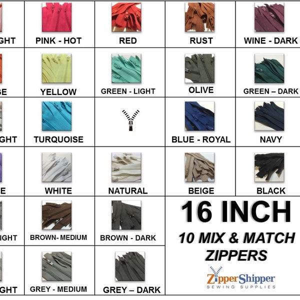 10 Zippers #3 Nylon Coil 16 Inch (40.5 cm) Your Choice Mix & Match Bulk Assortment | Closed-Ended For Bags Pouches +More| Light Neutral Dark