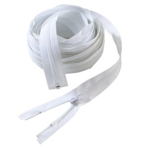 May include: A white zipper with a slider and pull tab. The zipper is coiled up and ready to be used for sewing projects.