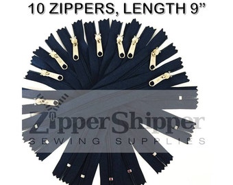 Wholesale Zippers, 9" Zippers For Handbags (23 cm), NAVY BLUE, #3 Lightweight Nylon Coil, Closed End, Long Nickel/Silver Handle, 10 Pieces