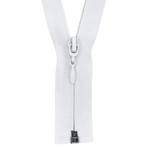 May include: A white zipper with a metal slider and pull tab. The zipper is closed and the slider is in the centre of the zipper.