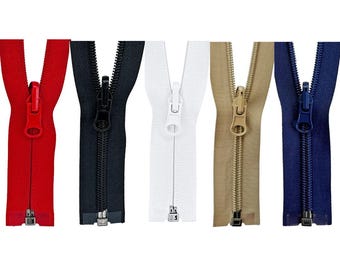 May include: Five different colored zippers with metal sliders. The zippers are red, black, white, beige, and navy blue.