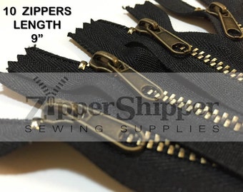 Black 9" Metal Zippers for Purses & Handbags, #4 Medium Weight With Antique Brass Teeth, Nonlock Pull, Closed-End, Bulk Discount, 10 Pieces