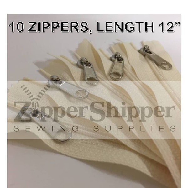 12" NATURAL / Cream Zippers For Handbags (30.5 cm), Nylon Coil W/ Long Silver Pulls, #3 Lightweight, Closed End, Wholesale Lot of 10 Pieces