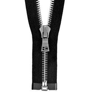 May include: A black zipper with a silver slider is partially open. The zipper is made of metal and has a black fabric tape.