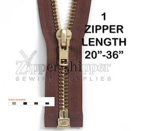 Brass Metal Zipper, Heavy Duty #10 Separating, For Leather Jackets +More-  20", 22", 24", 26", 28", 30" or 36" Black Beige Brown or Navy