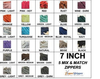 5 Mix & Match 7 Inch #3 Nylon Zippers Choose Your Own Colors for Purses, Pouches, Dresses – Black Red White Beige and More