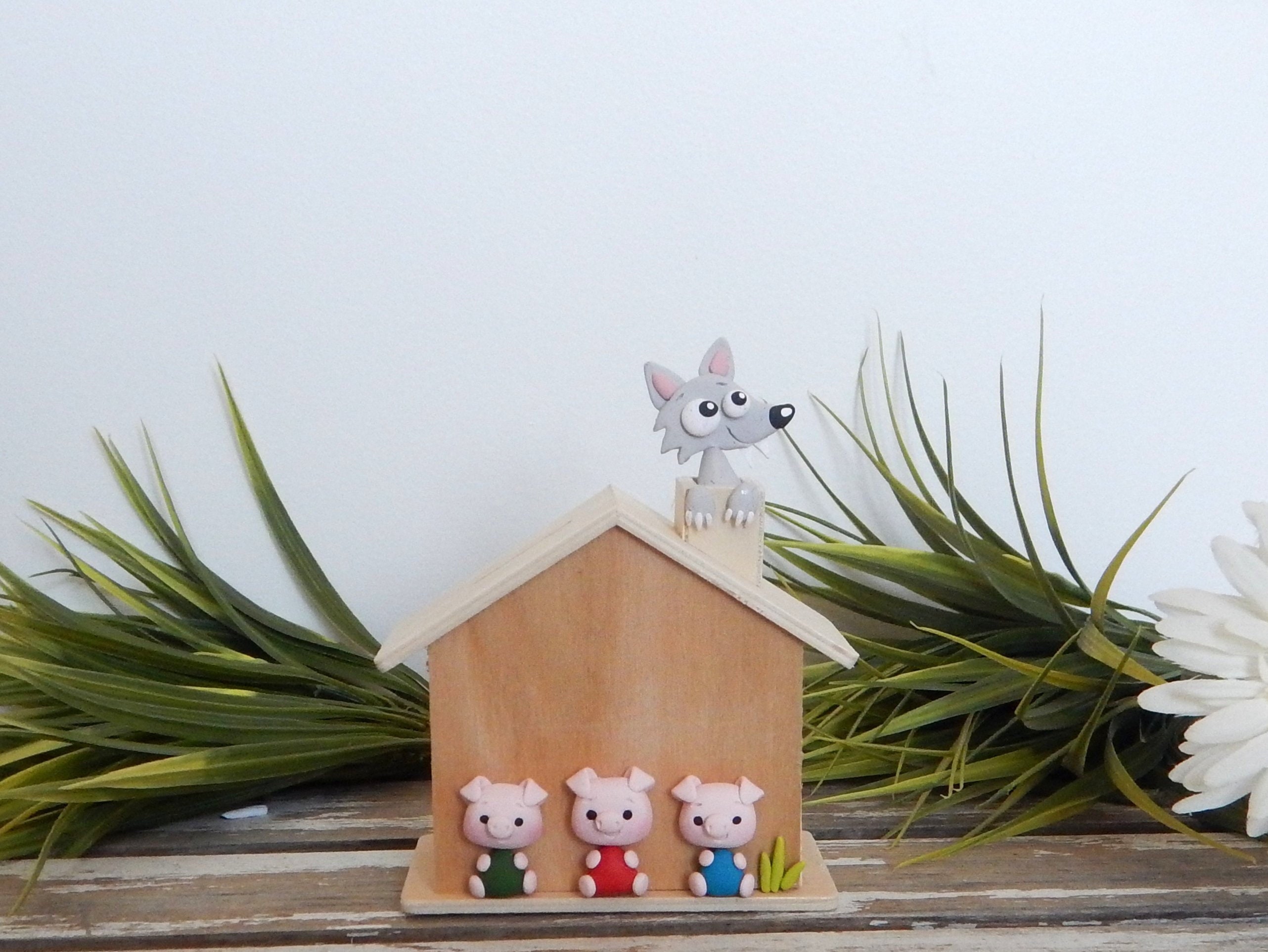 Polymer Clay 3 Piggy Bank Money Box Little Pigs And Wolf Wooden Piggy Bank Kids Pig Bank Kids Room Decoration Gift Birth Piggy Bank