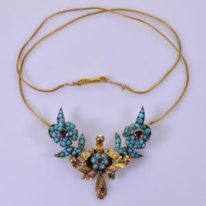 Georgian Natural Turquoise Garnet 9K Gold Necklace C.1820 Antique