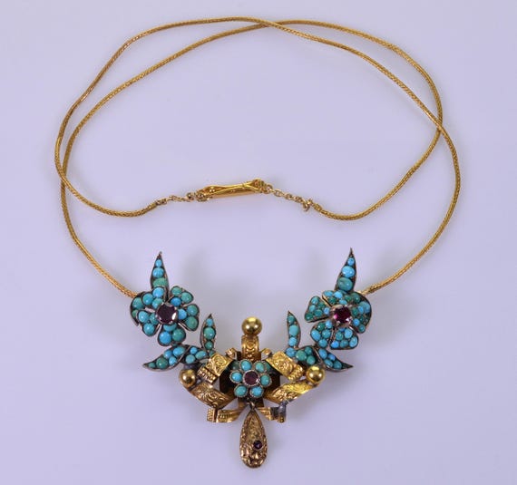 Georgian Natural Turquoise Garnet 9K Gold Necklace C.1820 Antique