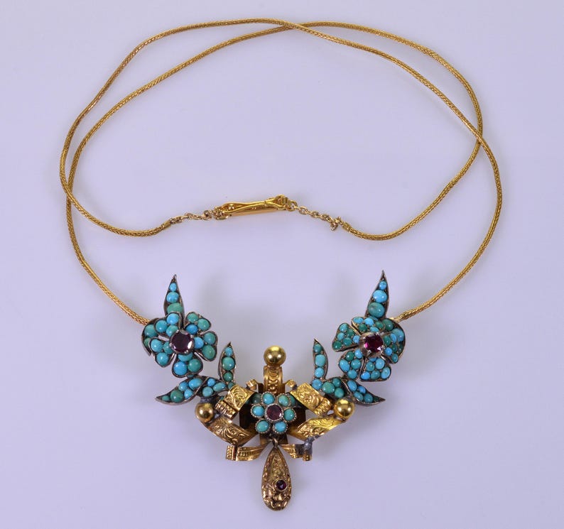 Georgian Natural Turquoise Garnet 9K Gold Necklace C.1820 Antique