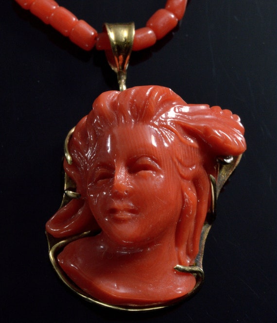 Antique Victorian 14K Red Coral Cameo Pendant Neck