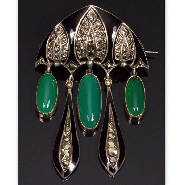 Jugendstil Art Nouveau Theodor Fahrner Brooch Pin Enamel Chrysoprase Marcasite C.1900