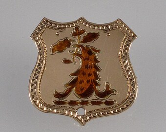 Puede incluir: Un broche dorado en forma de escudo con un diseño detallado. El broche presenta un motivo central de un árbol estilizado en tonos marrones y naranjas. Los bordes del broche están intrincadamente decorados con un patrón repetitivo. Hay un pequeño agujero en la parte inferior.