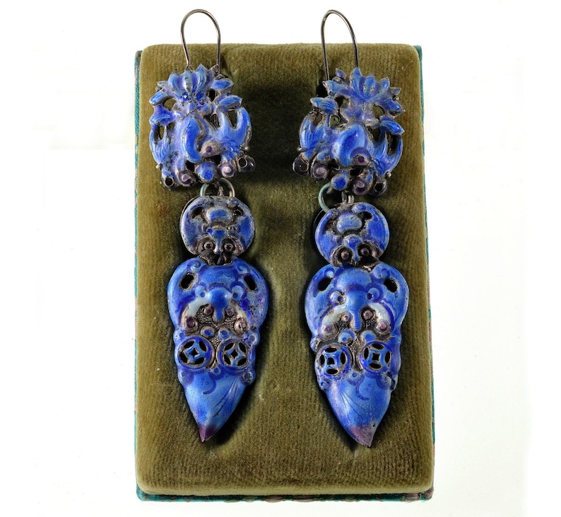 Antique Chinese Qing Dynasty Enamel Wedding Earrings 3 1/4 in C.1890