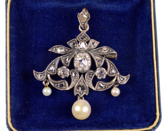 Reserved for E.C. Antique Belle Epoque 14K Gold Silver Diamond Pearl Pendant Brooch C.1890
