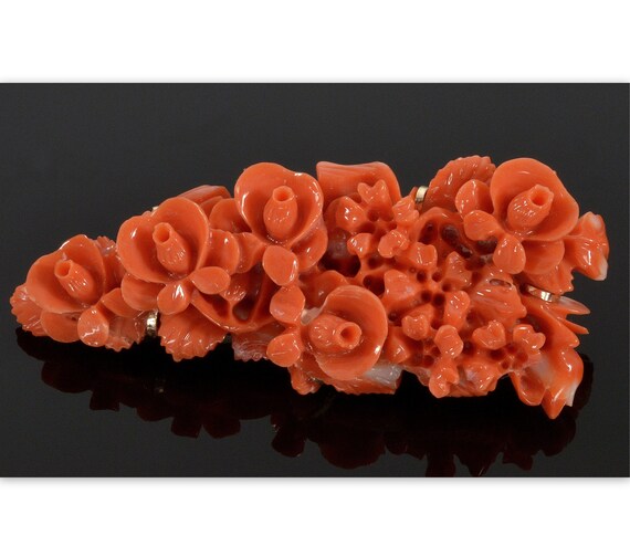 Estate Carved Salmon Coral Roses 14K Brooch Pin C… - image 2