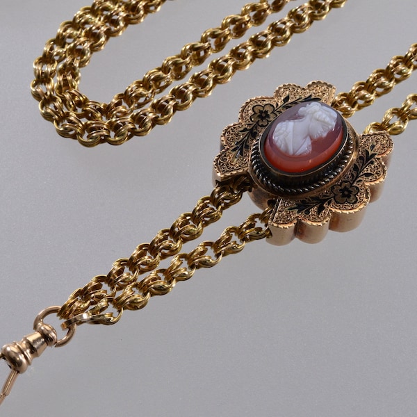 Antique Victorian 14K Gold Longuard Chain Necklace Sardonyx Cameo Slide C.1860