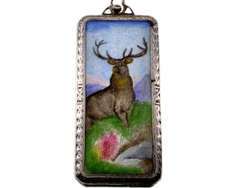 Antique Edwardian Silver Elk Enamel Locket Pendant Hello Bill Rolling Paper Box C.1900