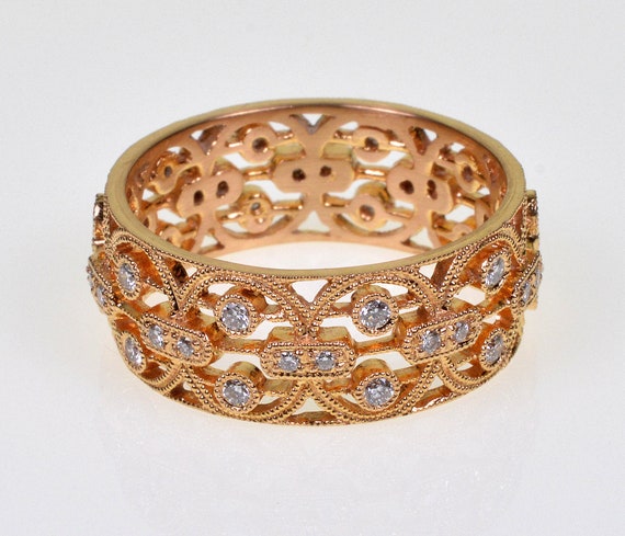 Estate 18K Gold Diamond Filigree Cigar Band Ring … - image 4
