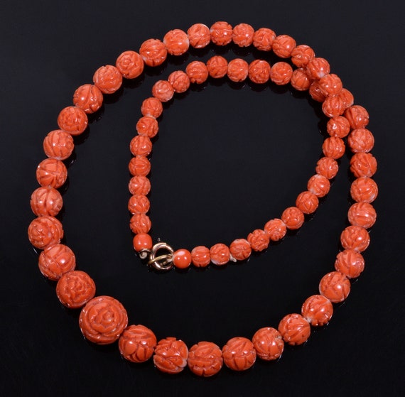 Antique Art Deco Carved Orange Red Momo Coral Nec… - image 4
