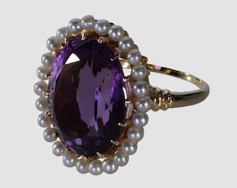 Edwardian Krementz 14K Gold Amethyst Natural Pearls Ring Size 6 3/4 C.1900