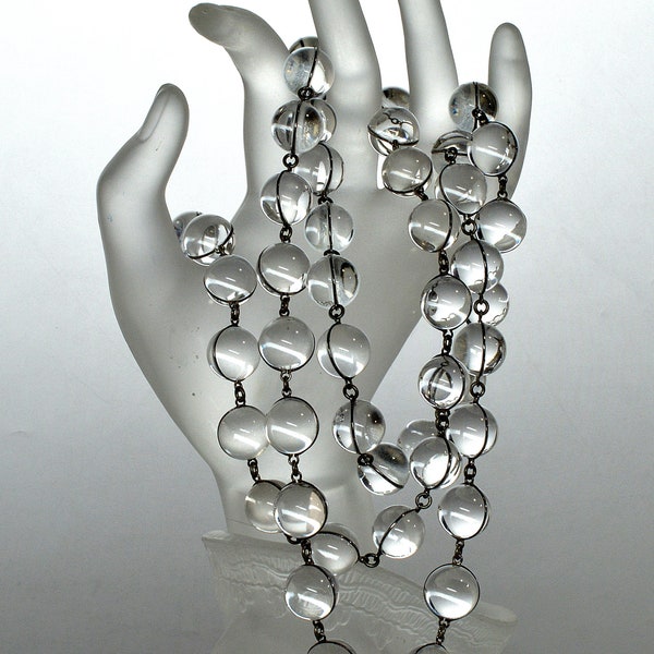 Art Deco Pools Of Light Rock Crystal Orbs Sterling Necklace 44" C.1920